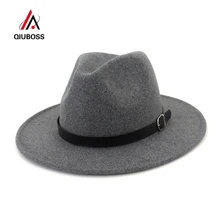 QIUBOSS модный простой Ремень Пряжка Декор Шерсть Войлок Джаз Fedora шляпы широкие полями для мужчин женщин Панама мягкая фетровая шляпа для влюбленных джентльменская шляпа