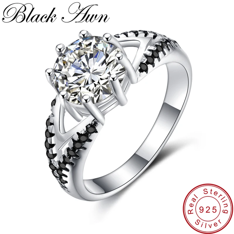 

[BLACK AWN] Vintage Engagement Rings for Women Genuine Elegant Sterling 925 Silver Jewelry Black&White Stone Bague Bijoux C252