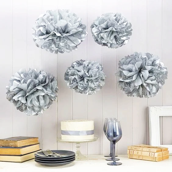 Metallic-Silver-9pc-Mix-6-8-10-Tissue-Paper-Pom-Poms-Decorative-Flower-Balls-Hanging-Decor
