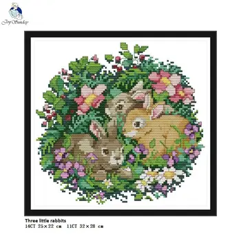 

Needlework, DIY Handmade DMC Cross stitch, Sets For Embroidery kits, Three little Rabbits Patterns Counted Printed Cross-Stitch