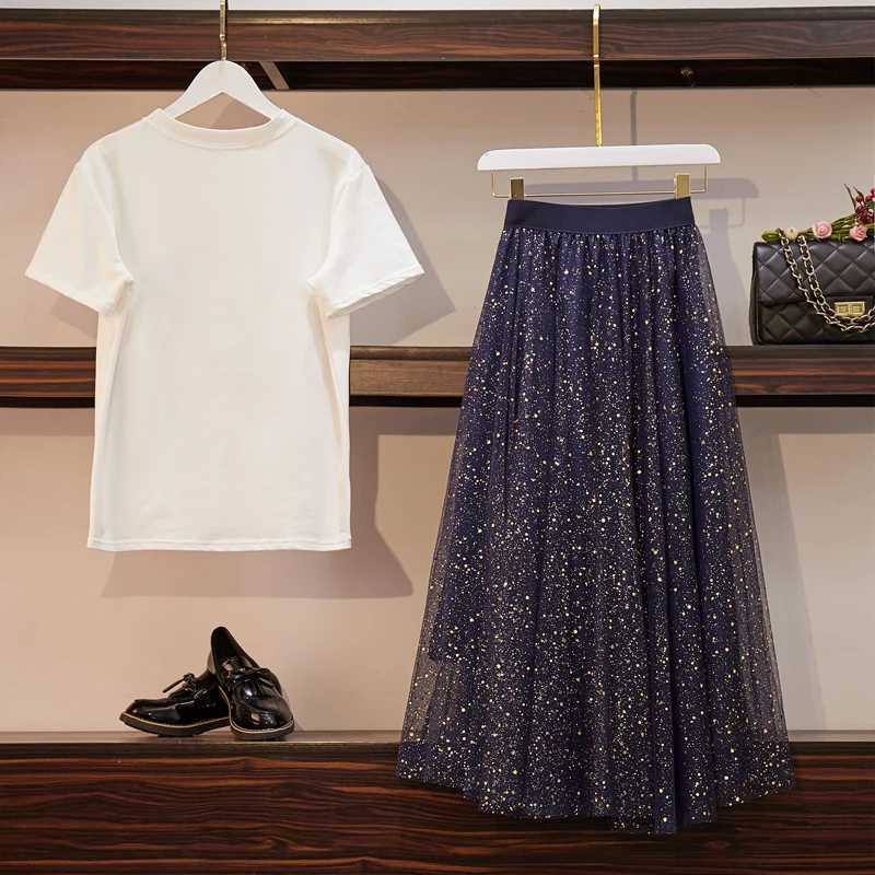Летний женский комплект из двух предметов, футболка с коротким рукавом и блестками+ юбка с эластичной резинкой на талии, Женская юбка, костюмы
