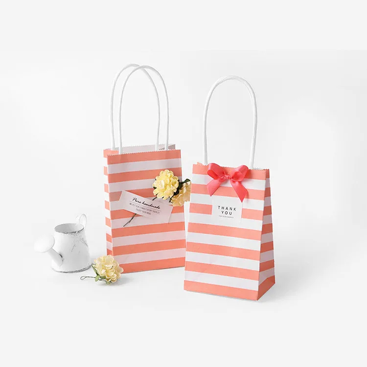 

20 Set small gift bag with handles bow Ribbon stripe paper handbag Cookies candy Festival gift packaging bags Wedding party