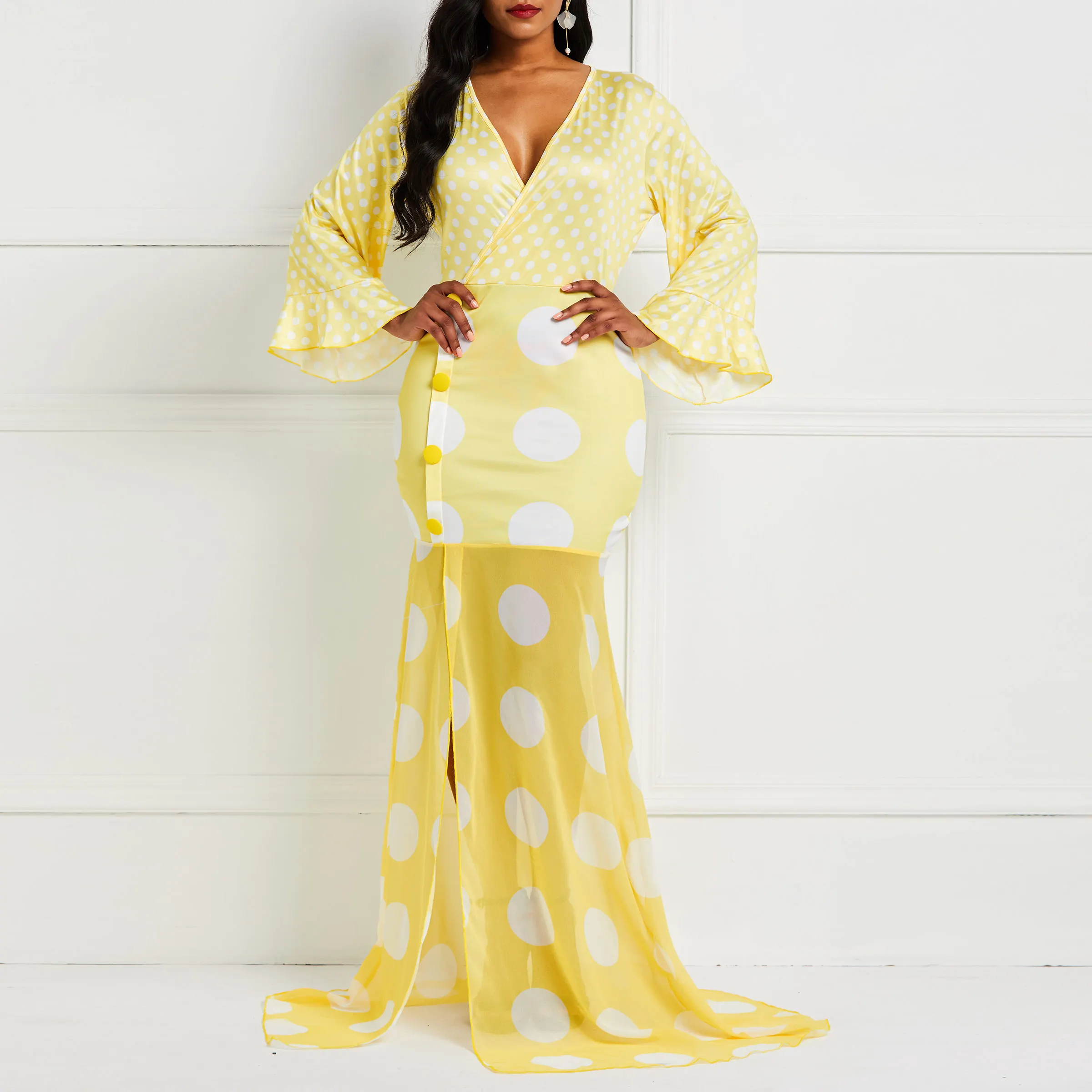 

Yellow Elegant Maxi Dress Slip Women Long Dresses Flare Sleeve Polka Dots Mermaid Trupmpet 2019 Summer Robe Dress Female