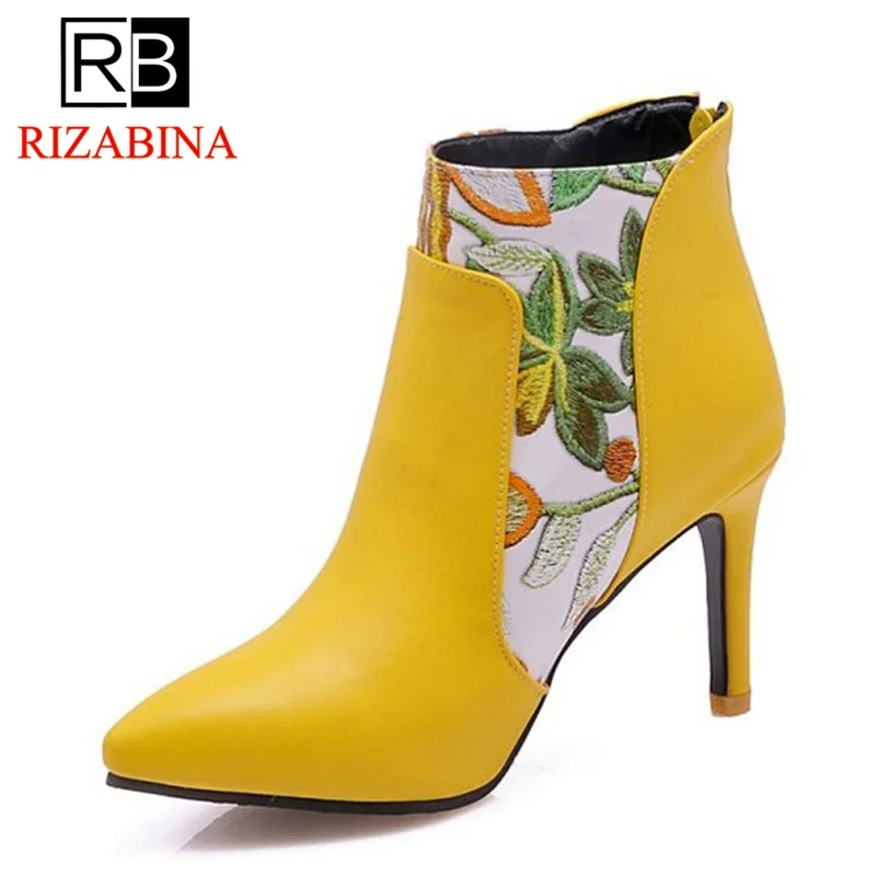 

RizaBin Size 31-48 Women Warm Insole Boots High Heel Ankle Zipper Print Flower Wedding Boots Gift Shoes Women Plush Fur Footwear