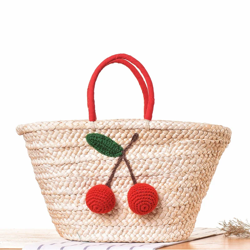 

Summer Shoppong Large Totes Boho Bags Red Cherry Pom Ball Design Beach Bag Handmade Woven Straw Handbags for Women Shoulder bags