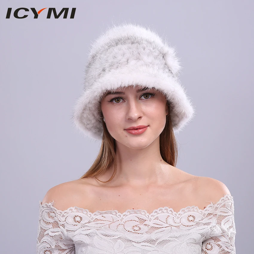 ICYMI, вязаная шапка из натурального меха норки с цветком, женские шапки, зимние шапки из натурального меха для женщин, теплые шапочки с цветочным рисунком