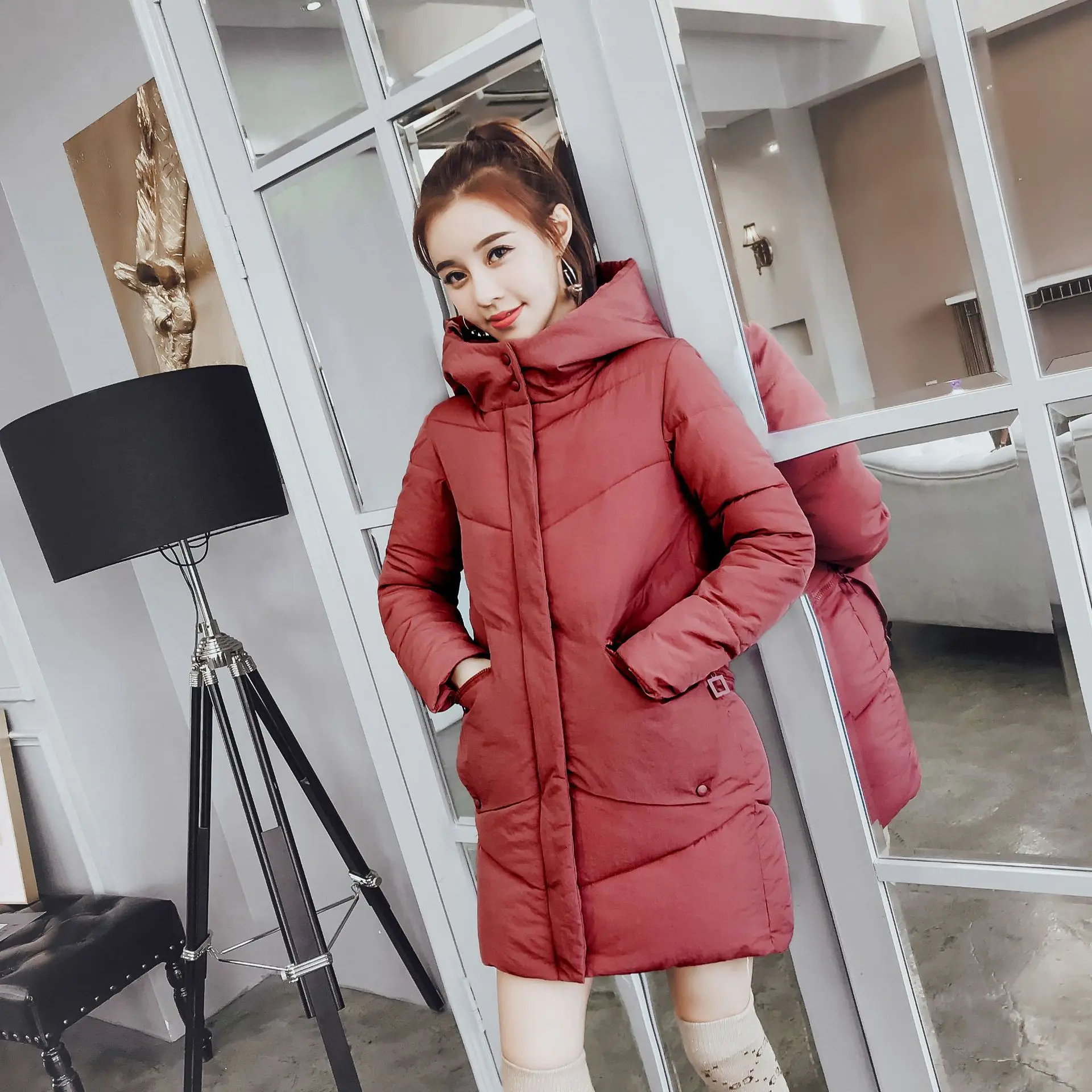 2018 blanc Femme Et D'hiver taille Poches Manteaux À Mode Large gris Veste Coton Chaud Solide Capuche rouge Long Mujer Parkas Rembourré Vestes Noir fEnBU