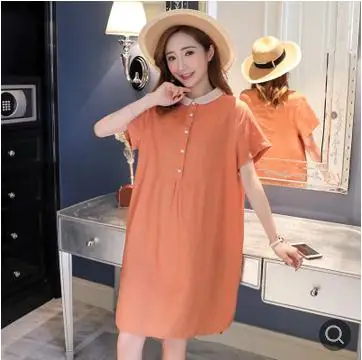 Loose Large Size Maternity Dress 2019 Summer Short Sleeve Cotton Linen Doll Collar Maternity Dresses for Pregnant Women QL8038