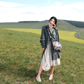 

MX237 Autumn 2017 new arrivals women lace hooded embroidered vintage loose long thin trench coat