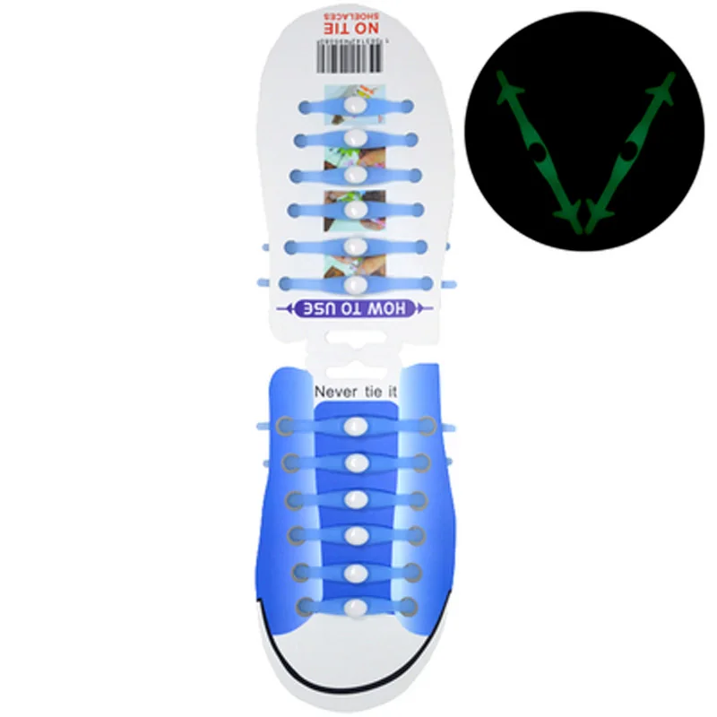 JUP1-12Sets(12Root/Set)Electric blue Noctilucent Fashion Womens Sports Mens Running Shoes No Tie Laces Elastic Silicone Shoelace