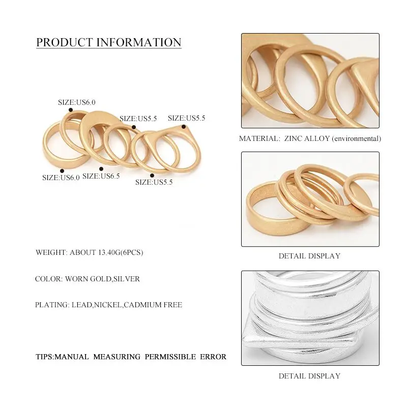Wild& Free Горячее предложение 6 шт. винтажное Золотое кольцо набор для женщин Мода Геометрический гладкий, сустав пальца кольцо штабелируемые кольца ювелирные изделия Рождественский подарок