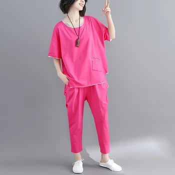 

cotton and linen women 2 pieces pant sets summer new pocket irregular solid female pant suits
