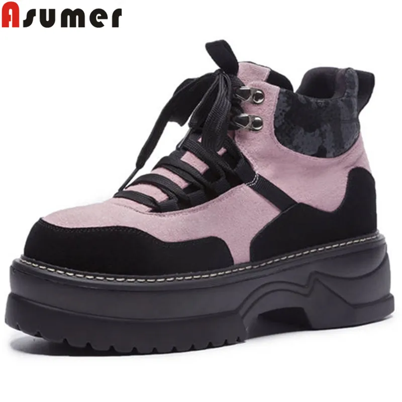 

ASUMER big size 35-42 fashion ankle boots for women round toe platform suede leather boots lace up motorcycle boots 2018 new