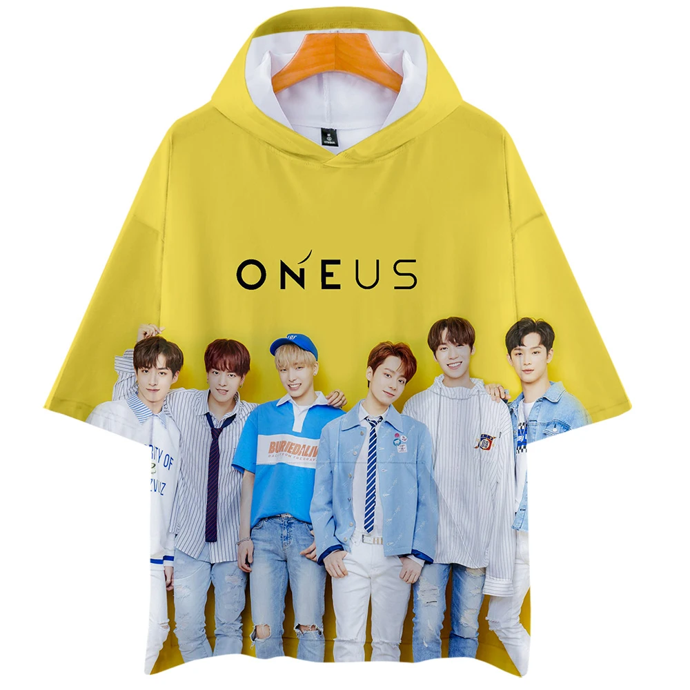 

New Korean Kpop ONEUS 3D Hooded T-shirts Women/Men Summer Short Sleeve Funny Tshirts 2019 Trendy Hip Hop Casual Tee Shirts
