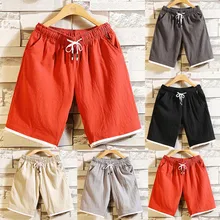 Мужские летние повседневные шорты для бега и фитнеса, льняные спортивные штаны, мужские шорты