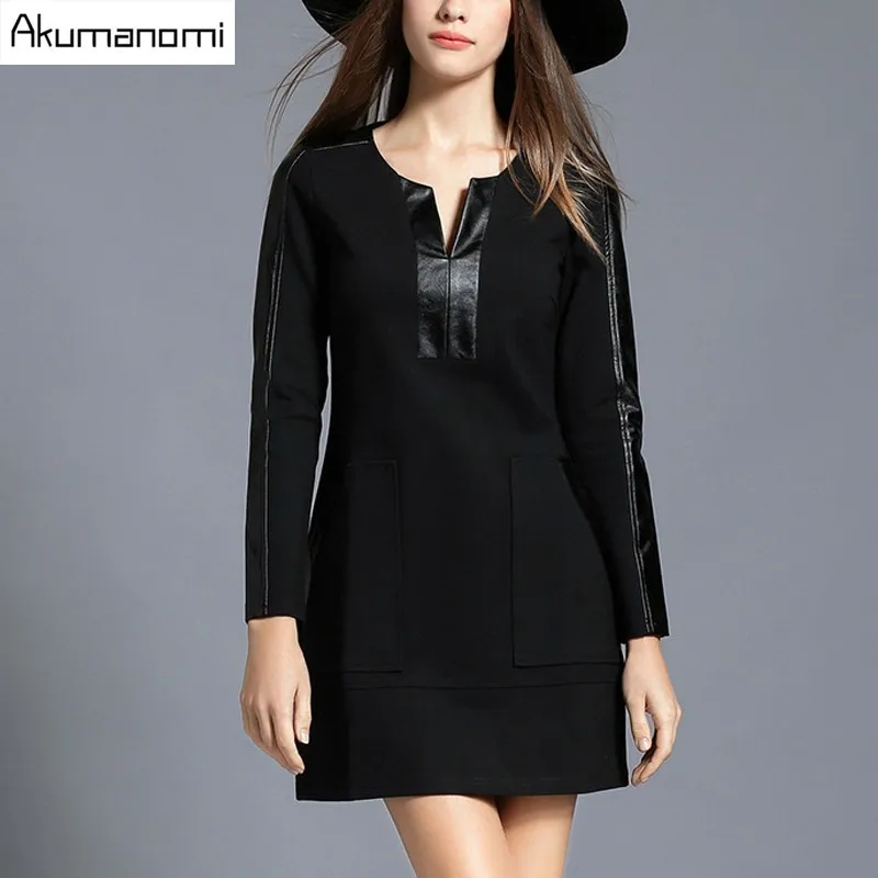 

Autumn Winter Fur Patchwork Dress Black V-neck Full Sleeve Pocket Women Clothes Spring Office Dress Plus Size 5XL 4XL 3XL 2XL-M