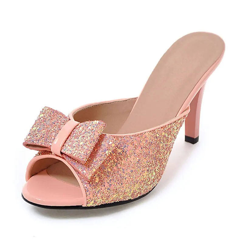 Fanyuan/Женская обувь; босоножки на высоком каблуке; стразы; женские летние шлепанцы; сандалии с бантом; женская летняя обувь для вечеринок; цвет розовый, серебристый