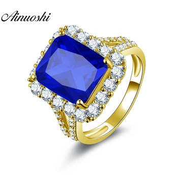 

AINUOSHI 14K Solid Yellow Gold Halo Ring 5ct Rectangle Cut Big Blue Stone Ring Luxury Wedding Engagement Jewelry Gift Women Ring