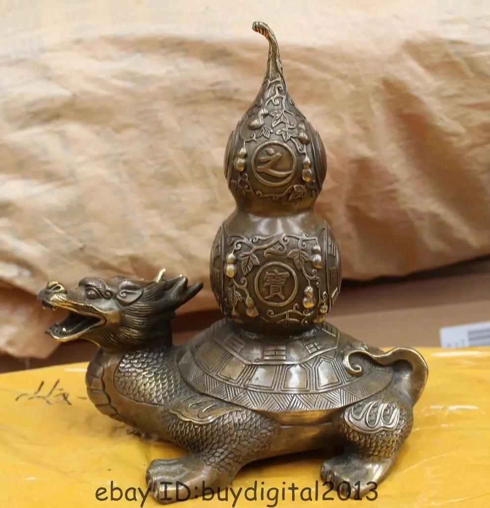 

DS 11 China Bronze Fengshui Folk Longevity Dragon Tortoise Turtle Calabash Statue