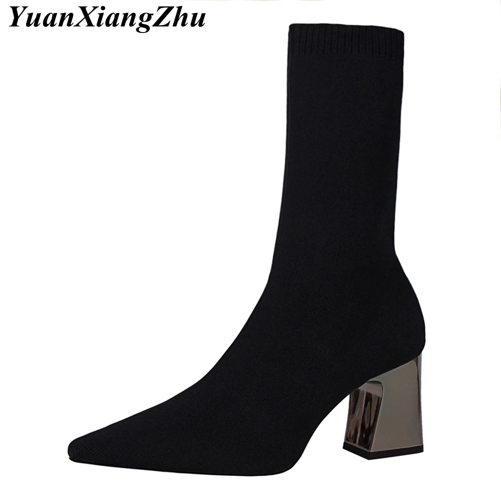

Women's Boots Pointed Toe Yarn Elastic Ankle Boots Thick Heel High Heels Shoes Woman Socks Boots Female 2018 Winter New Arrival