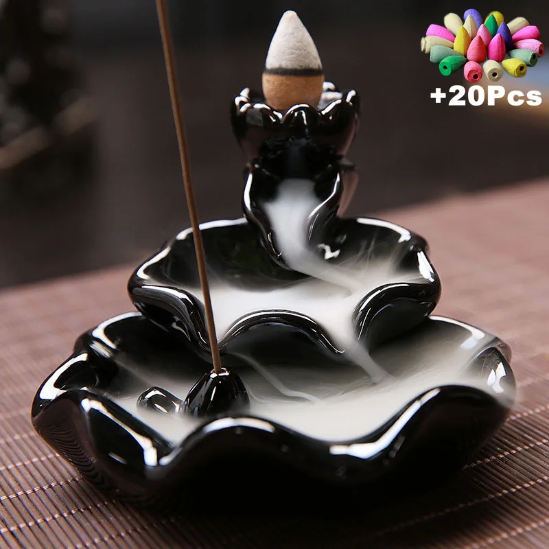 Ceramic Incense Cones Censer Backflow Burner Porcelain Incense Holder Home Office Teahouse Decor with 10 pcs Backflow Incense 