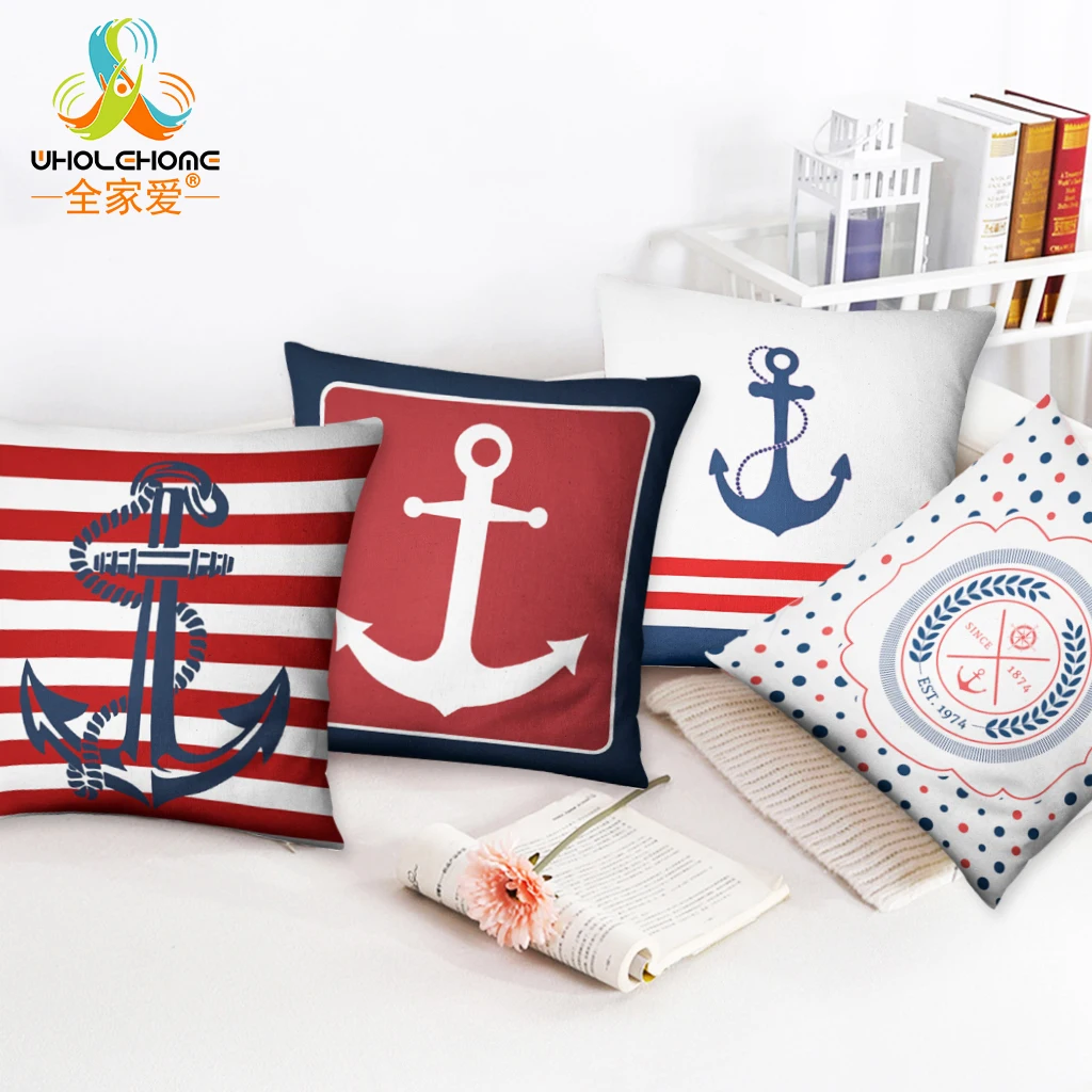 

Blue Sea Helm Decorative Cushion Cover Anchor Pattern Marine style Throw Pillow Cases 18'' High Quality Home Sofa Cover Decor