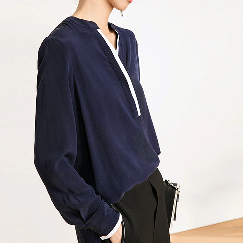 100% Silk Blouse Women Shirt Patchwork V Neck Long Sleeves Lightweight Fabric Casual Simple Top Elegant Style New Fashion 2018