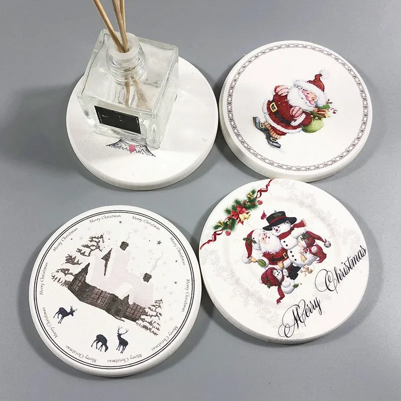 

Christmas Cup Mat Pattern Round Drink Coaster Non-Slip Heat Resistant Diatomite Absorbent Moisture-proof Quickly-Drying