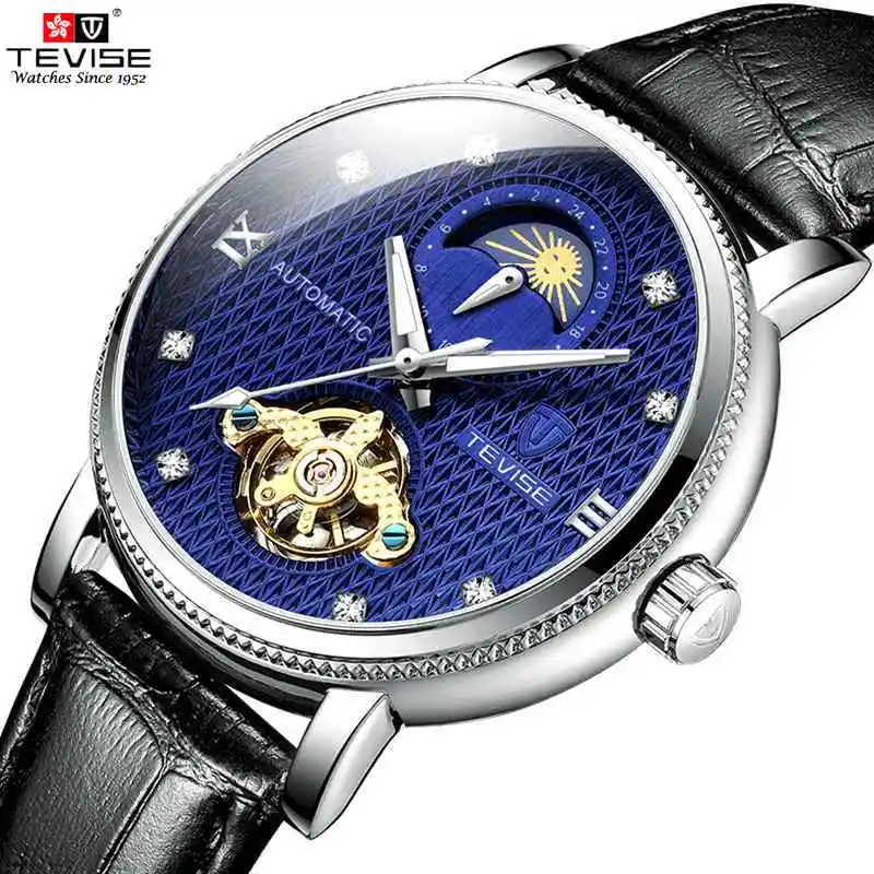 TEVISE мужские часы Moon phase Tourbillon Часы повседневные кожаные спортивные наручные Relogio