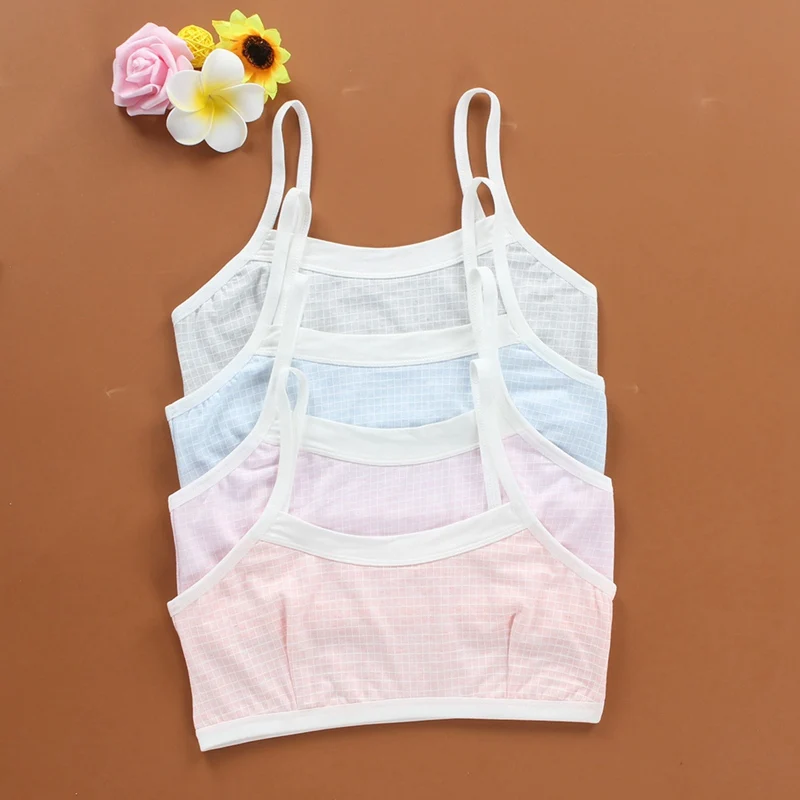 

Vest Style Puberty Girls Summer Plaid Print Seamless Double Layers Training Bra Tanks Teenage Soft Cotton Underwear Camisoles