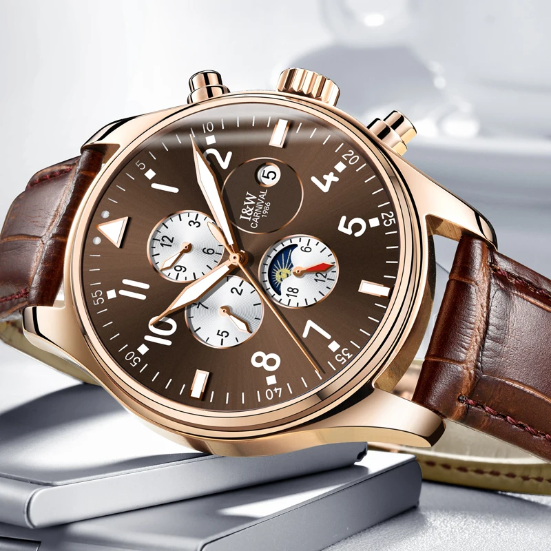 

Carnival Mechanical Watch Men Phase Moon Leather Strap Rose Gold Stainless Steel Multi-Function Clock Relogio Masculino