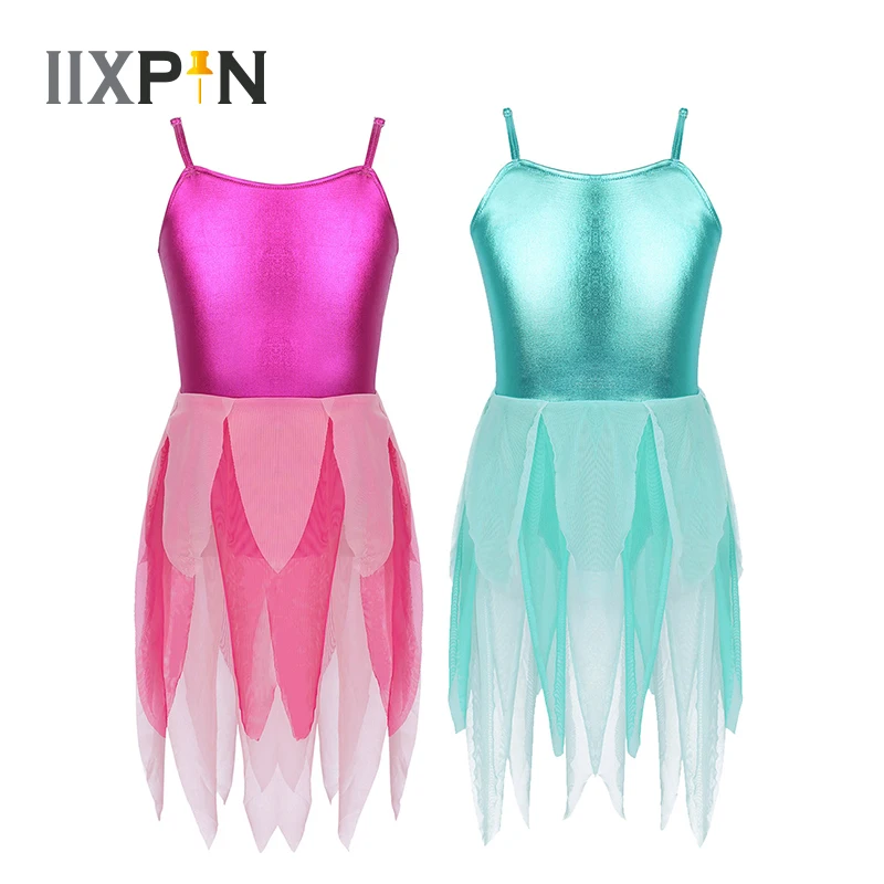 

Shiny Metallic Girls Ballet Lyrical Dance Costumes Adjustable Shoulder Straps Tiered Tulle Contemporary gymnastics Leotard Dress