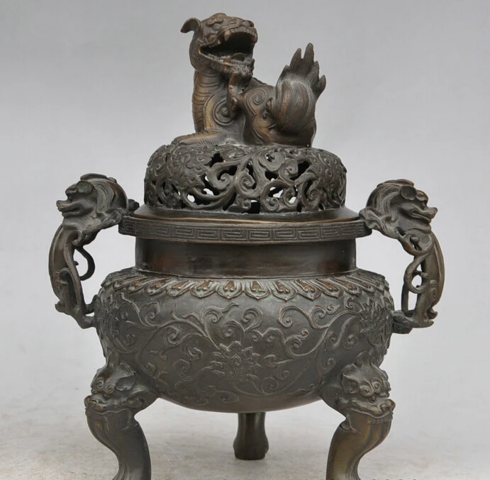

song voge gem S4861 11" Folk Tibet Pure Bronze Buddhism Unicorn Lion Head Statue Incense Burner