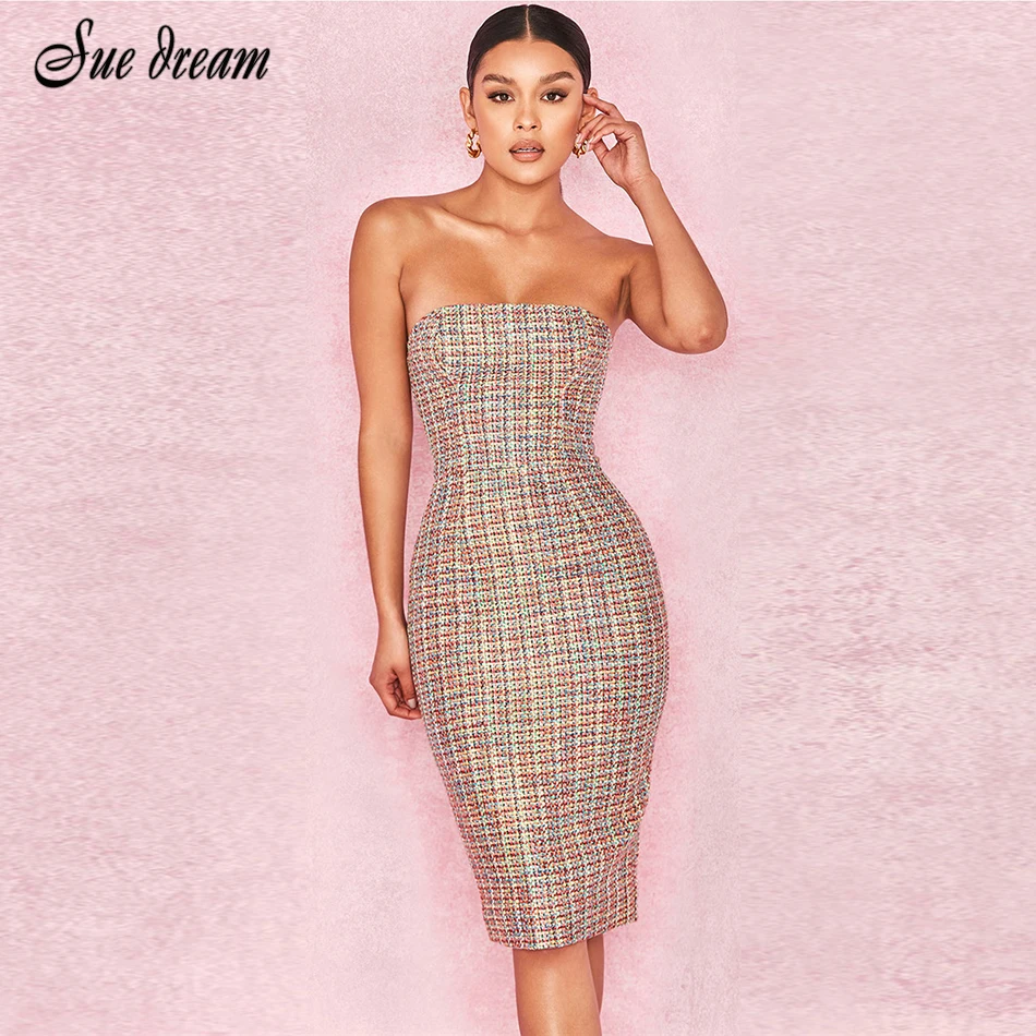 

Summer Club 2018 Women Multi Colour Tweed Strapless Sexy Party Bodycon Dress