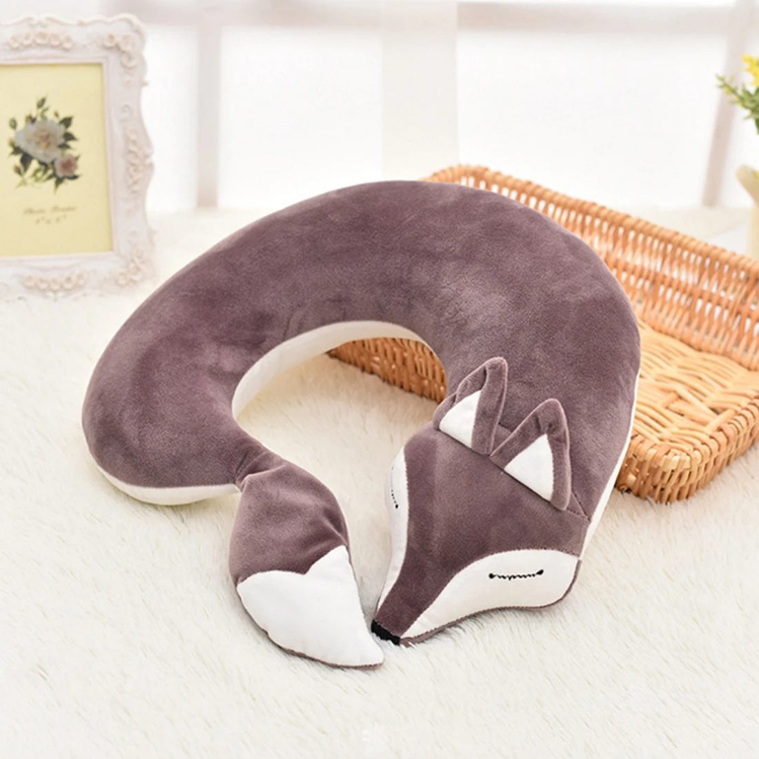 

Fox U Shaped Travel Pillow Neck Pillow Car Pillows Soft Cushion Nap Cotton Plush Home Pillow 1pc