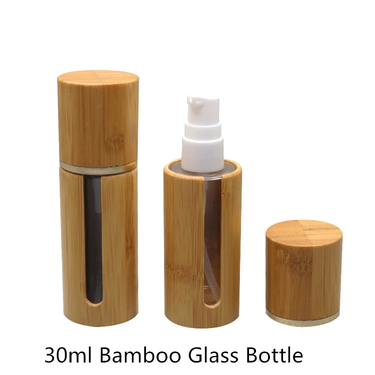 10pcs 30ml Top Grade Glass Bottle Empty Bamboo Lotion Pump Bottle Glass ...