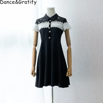 

Hot Sale New Women's Runway Dress Color Matching Elegant Lace Patchwork Vogue Ladies Short Sleeve Party Dress