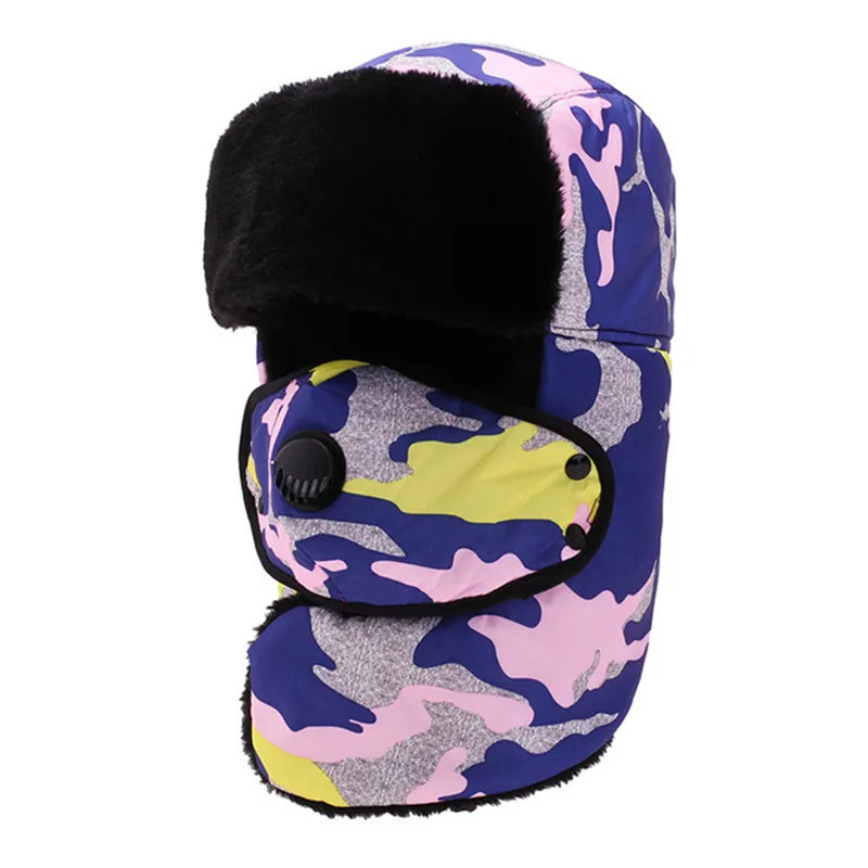 TFSCLOIN, мужская, женская, русский охотник, шапка, зимние теплые шапки-ушанки, шарф, Авиатор, кавалер, ушанка, лыжная шапка, флисовая маска для лица - Цвет: Purple