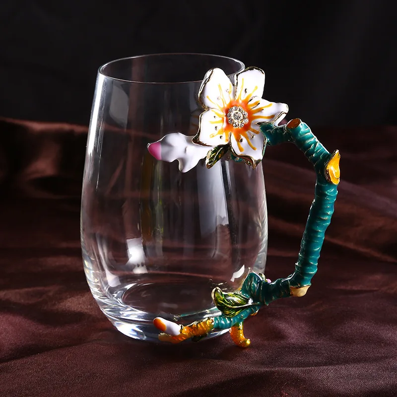 4 HIBOUR Unique Chrysanthemum Enamel Flower with Handgrip  Original Coffee Mugs Top Quality Glass Cups with Gift Box 400ml