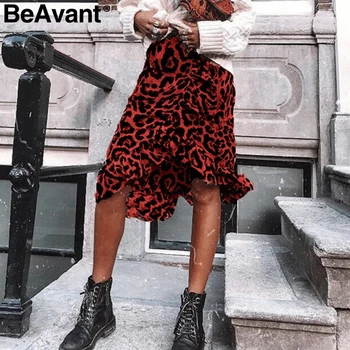 

BeAvant Leopard print red winter skirts womens Ruffles elegant mermaid midi skirt 2018 Zipper chiffon irregular high waist skirt