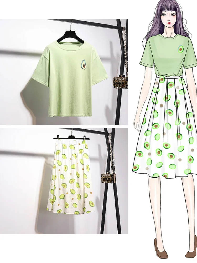 Merry Pretty Summer New 2 Piece Sets Woman Avocado Green Cotton T-shirt+A-line Long Skirt Set Casual Women Clothing Sets