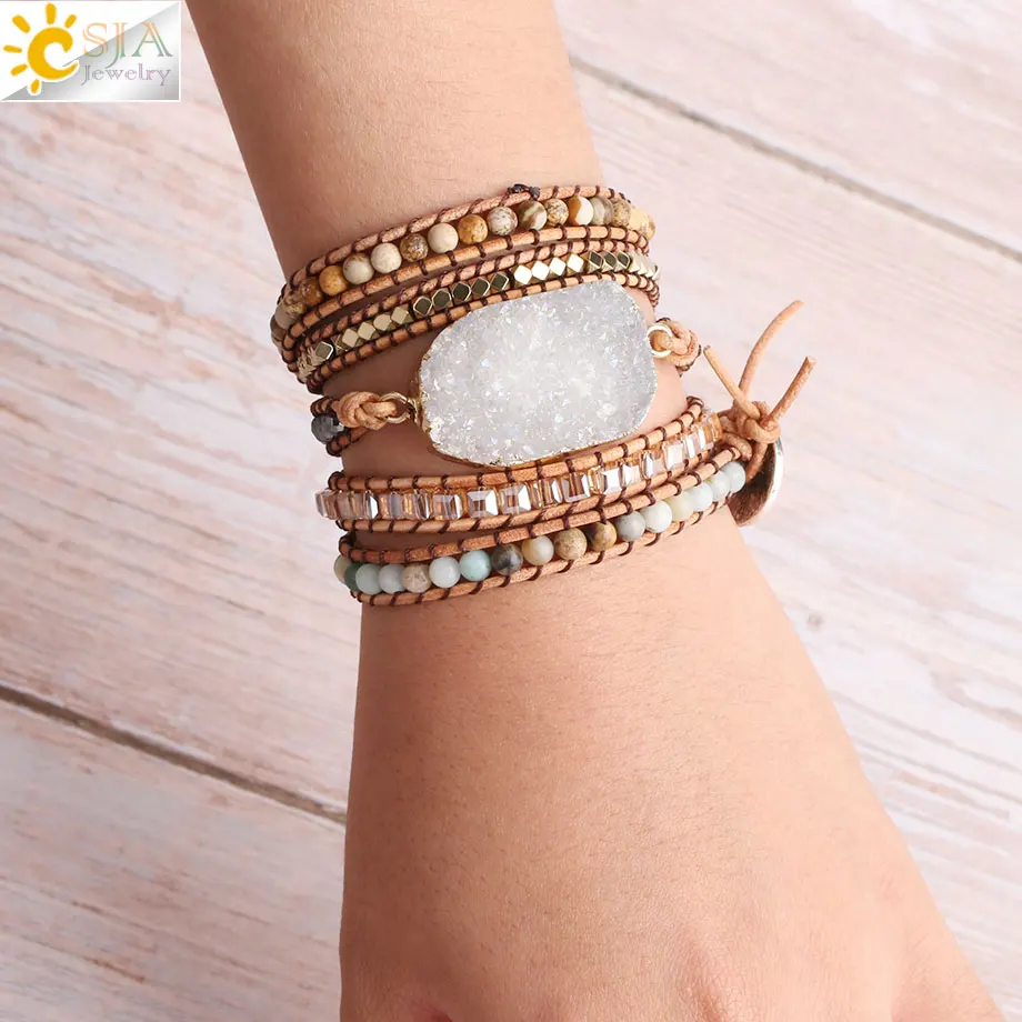 

CSJA Boho Leather Wrap Bracelets for Femme Natural White Crystal Geode Druzy Stone Beads Women Bracelet Bohemian Multilayer S424