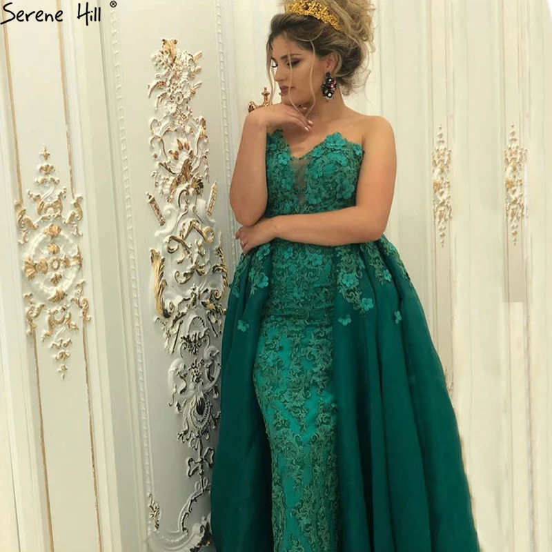 

New Dubai Design Sexy Sleeveless Evening Dresses 2019 Green Off Shoulder Handmade Flowers Fashion Evening Gowns BLA6610