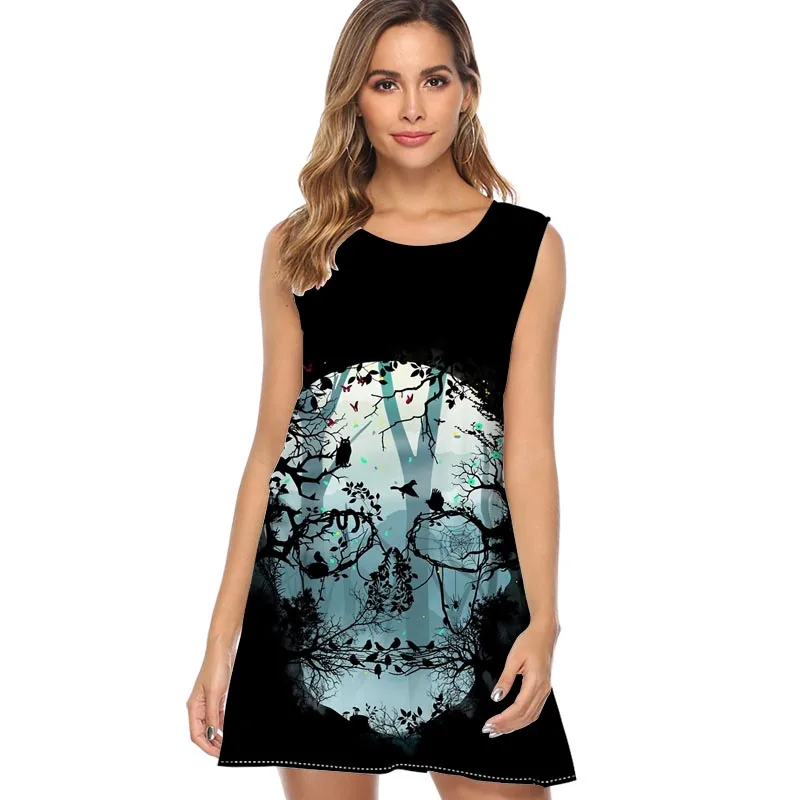 

Dark Forest Skull women dress 2019 fashion print casual loose summer dress sleeveless o neck mini chiffon dress sundress