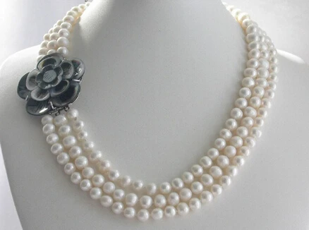 

ddh003481 3 strands 9mm FW white pearl Necklace flower shell clasp