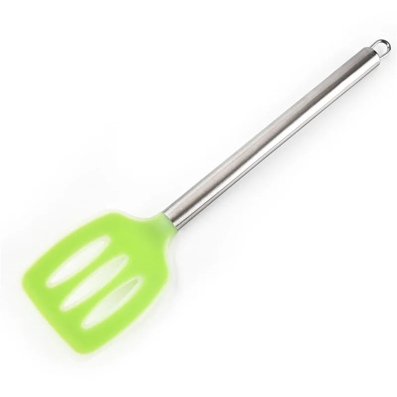 Non-stick Heat Resistant Kitchen Spatula Slotted Silicone Turner with Stainless Steel Long Handle
