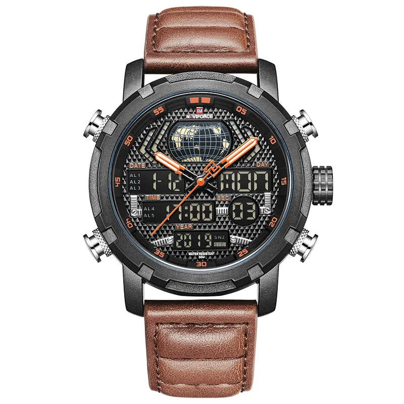 Skup NAVIFORCE Top marka moda męska Sport Watch mężczyźni skórzane wodoodporne zegarki kwarcowe mężczyzna data analogowy zegar z podświetleniem led Relogio Masculino