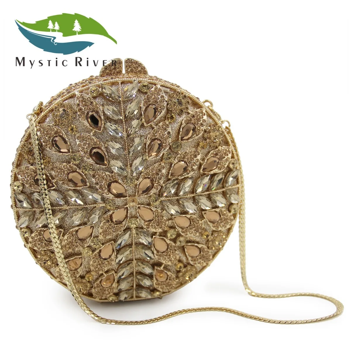 

Mystic River Brand Evening Bag Round Shape Gold Crystal Bags LUXURY DIAMOND Party Clutches