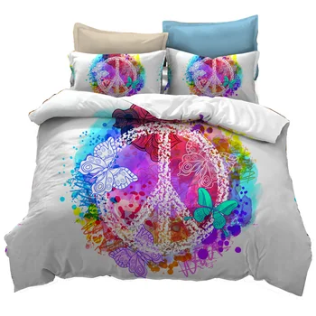 

Peace Symbol Bedding Sets,Colorful Peace Symbol Butterfly Bohemian Hippie Peace Sign Duver Cover Set,Home Bed Decoration Bedding