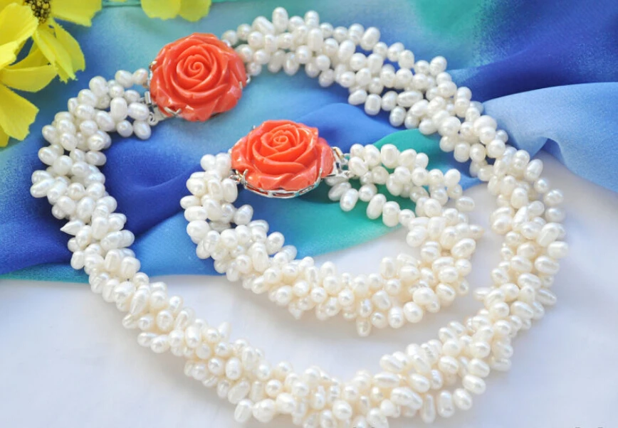 

Free shipping@@@@@ 4Strds white rice freshwater pearl pink flower necklace & bracelet Z6946